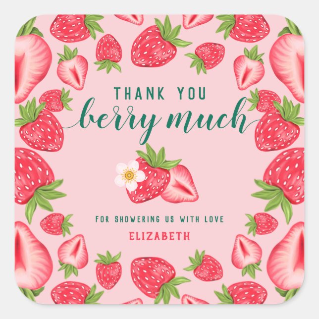 Sticker Carré Merci Berry Beaucoup Baby shower fraise sur mesure (Devant)