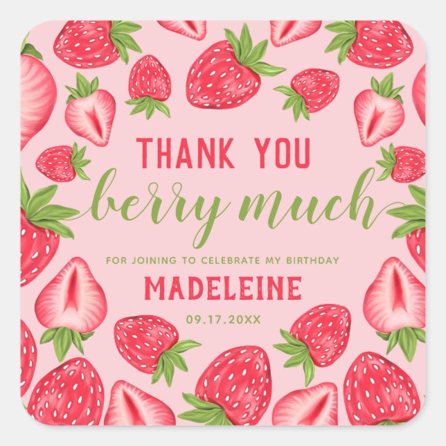 Sticker Carré Merci Berry Beaucoup fraise Anniversaire rose (Devant)