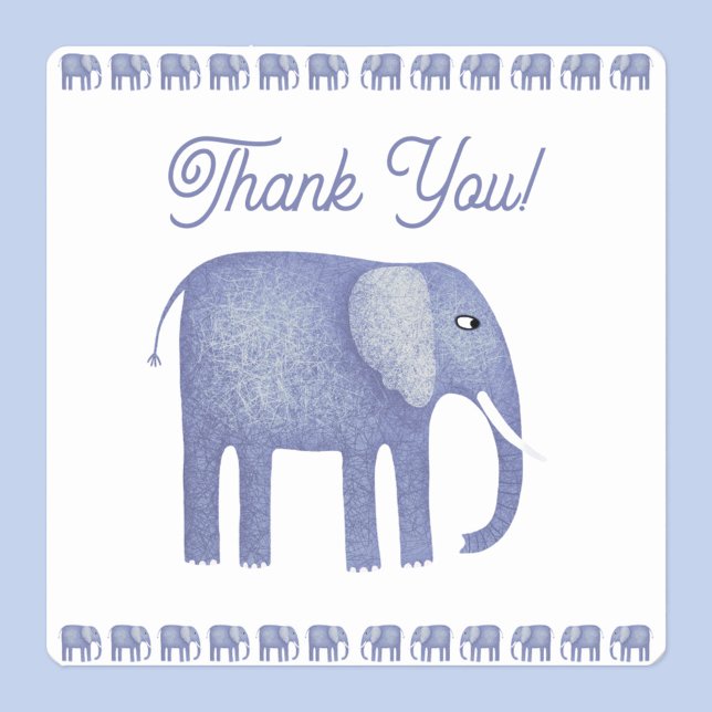 Sticker Carré Merci bleu éléphant (Blue elephant watercolor thank you sticker)