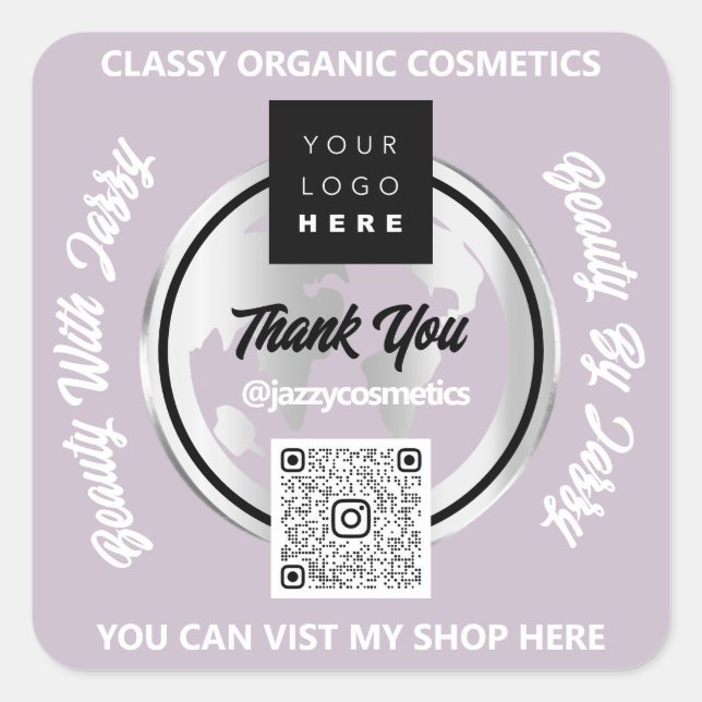 Sticker Carré Merci Business Logo QRCode Silver Map Globe Purple (Devant)
