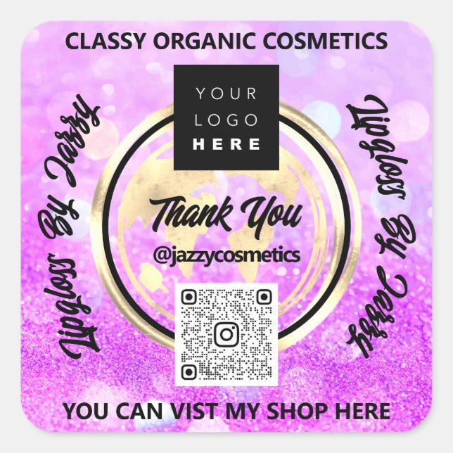 Sticker Carré Merci Business Logo QRCode World Earth PinkGlitter (Devant)