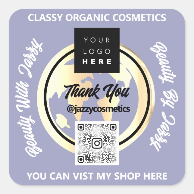 Sticker Carré Merci Business QR Code Logo Gold MAP Globe Blue (Devant)