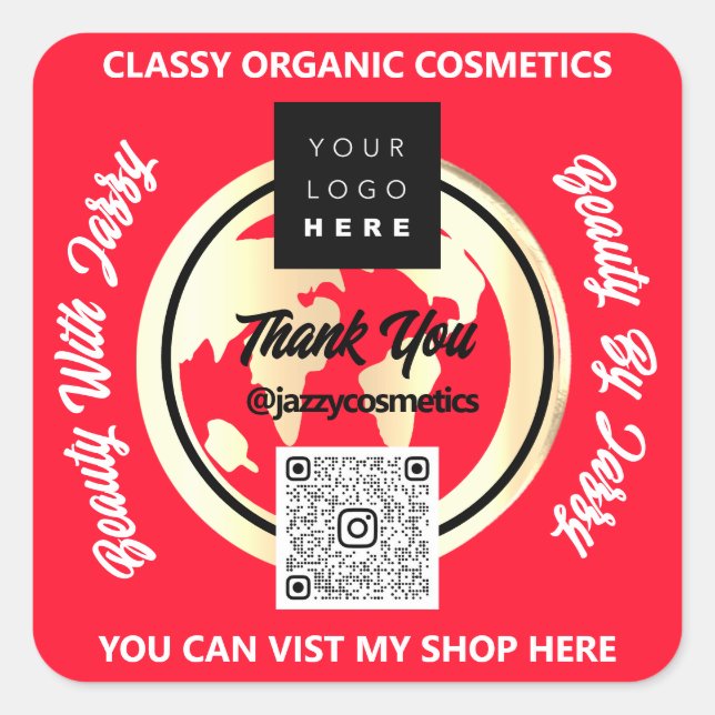 Sticker Carré Merci Business QR Code Logo Gold MAP Rouge (Devant)