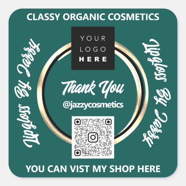 Sticker Carré Merci Business QR Code Logo Gold Turquoise Green (Devant)