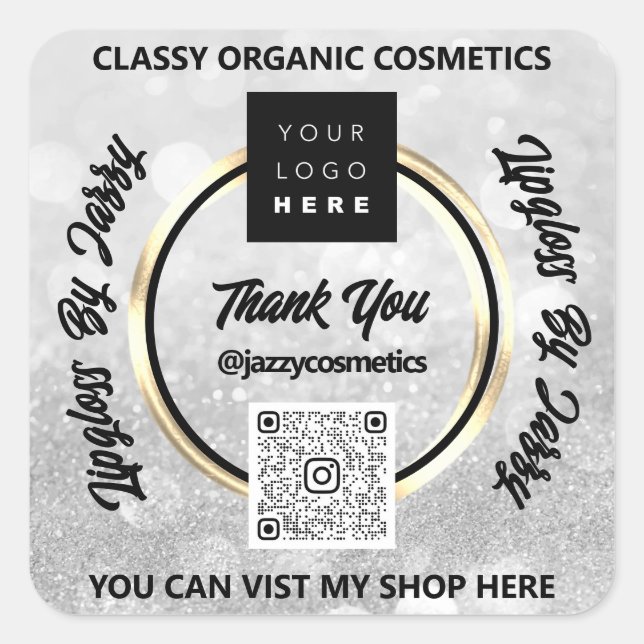 Sticker Carré Merci Business QR Code Logo Gris Parties scintilla (Devant)