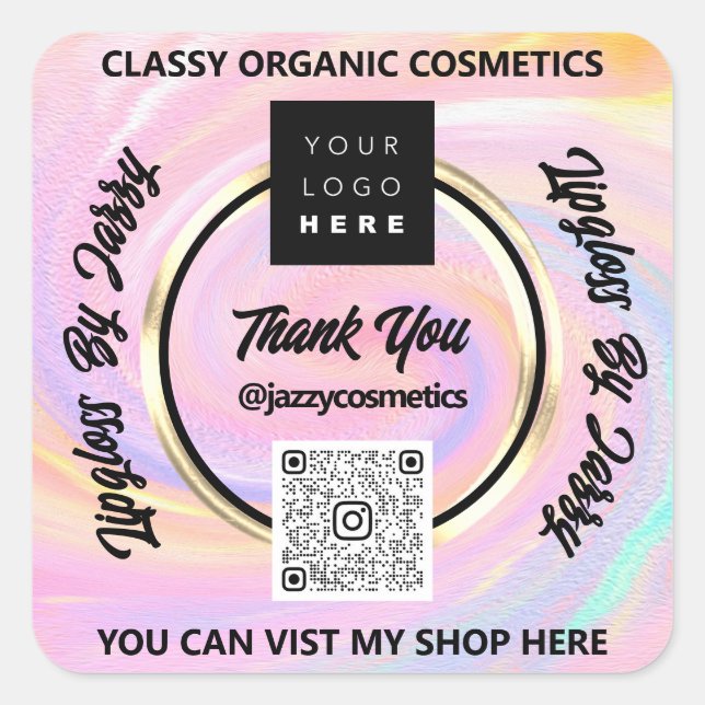 Sticker Carré Merci Business QR Code Logo Holographic Gold (Devant)