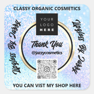 Sticker Carré Merci Business QR Code Logo Parties scintillant bl