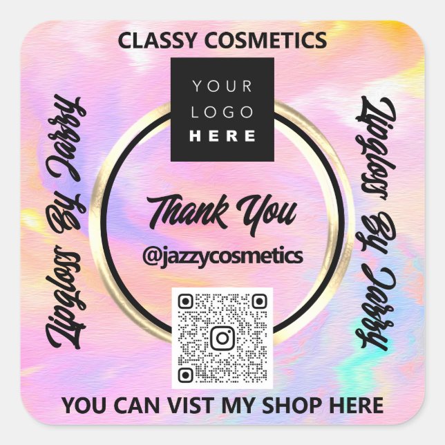 Sticker Carré Merci Business QR Code Logo Rose Holographique Sca (Devant)