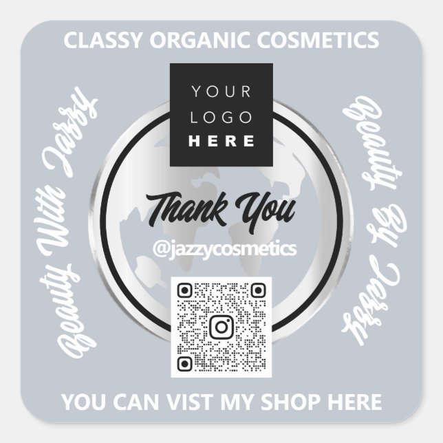 Sticker Carré Merci Business QR Code Logo Silver MAP Globe Gray (Devant)