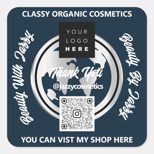 Sticker Carré Merci Business QRCode Logo Carte Argent Globe Mari (Devant)