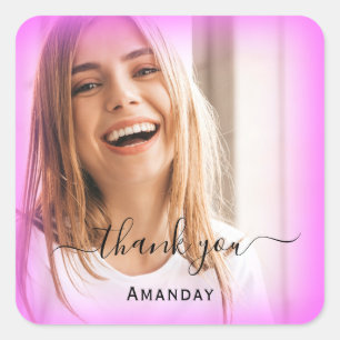 Sticker Carré Merci Cadre Rose Nom.  Photo Sweet16th Mariage