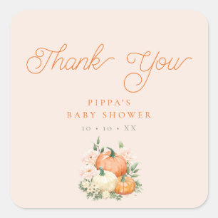 Sticker Carré Merci citrouille rose et Baby shower orange