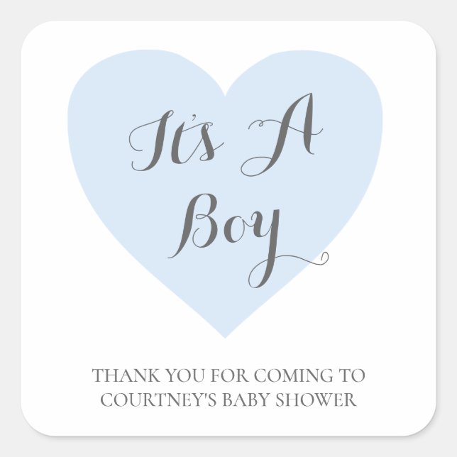 Sticker Carré Merci Coeur Bleu Cute C'Est Un Baby shower Garçon (Devant)