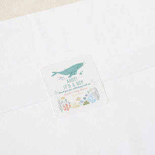 Sticker Carré Merci de Baby shower baleine