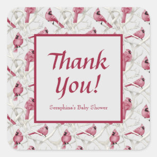 Sticker Carré Merci de Baby shower cardinal rouge