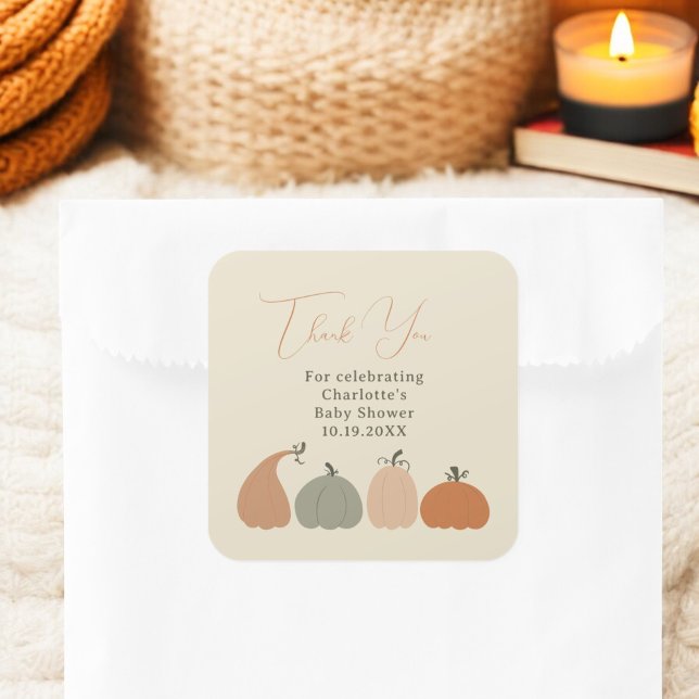 Sticker Carré Merci de Baby shower de Citrouille de chute neutre (Rustic Neutral Fall Pumpkin Baby Shower Thank You Square Sticker)
