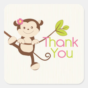 Sticker Carré Merci de baby shower de fille de singe