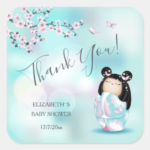 Sticker Carré Merci de Baby shower de poupées Kokeshi