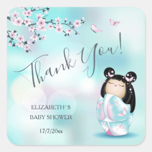 Sticker Carré Merci de Baby shower de poupées Kokeshi