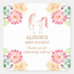 Sticker Carré Merci de Baby shower de verdure rose Unicorne
