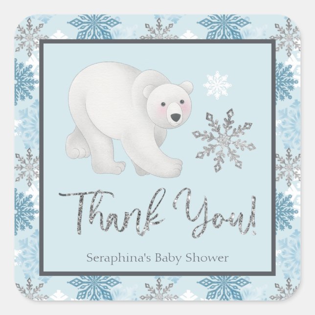 Sticker Carré Merci de Baby shower d'ours polaire Silver Snowfla (Devant)