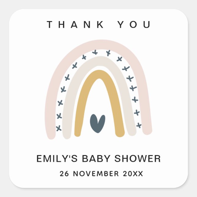 STICKER CARRÉ MERCI DE BABY SHOWER EN COEUR D'OCRE BLEU (Devant)