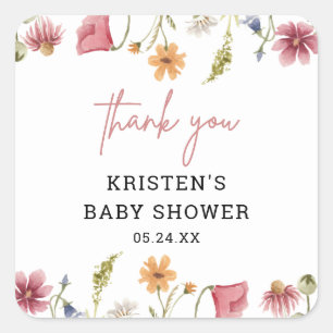 Sticker Carré Merci de Baby shower Fleur sauvage Spring Little