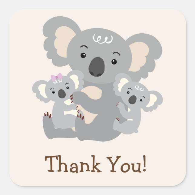 Sticker Carré Merci de Baby shower Koala Twins (Devant)
