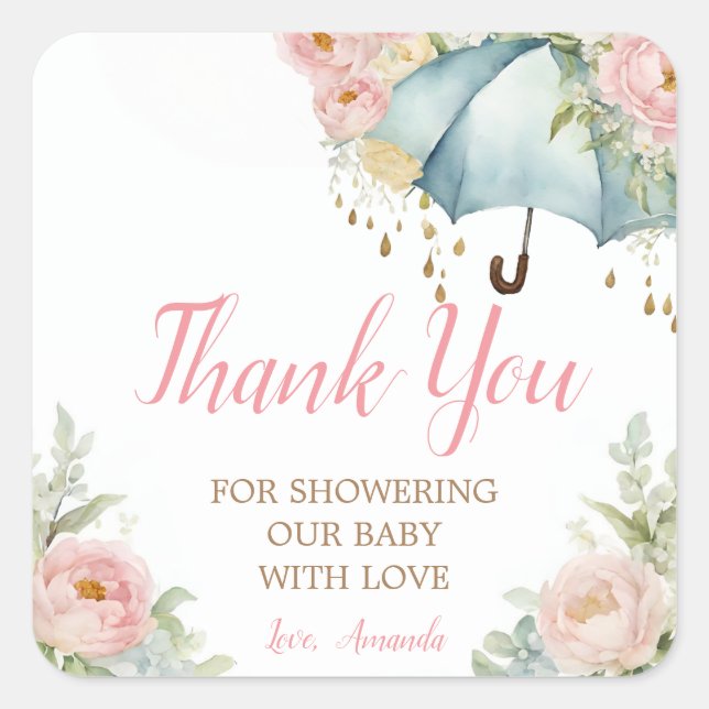 Sticker Carré Merci de Baby shower parapluie de printemps (Devant)