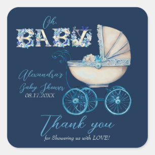 Sticker Carré Merci de Baby shower pour bébé transport garçon