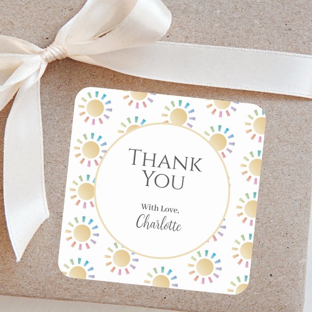 Sticker Carré Merci de Baby shower Sunshine Little Rainbow (Créateur téléchargé)