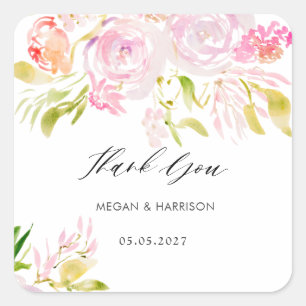 Sticker Carré Merci de bouquet de rose aquarelle