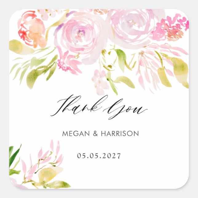 Sticker Carré Merci de bouquet de rose aquarelle (Devant)