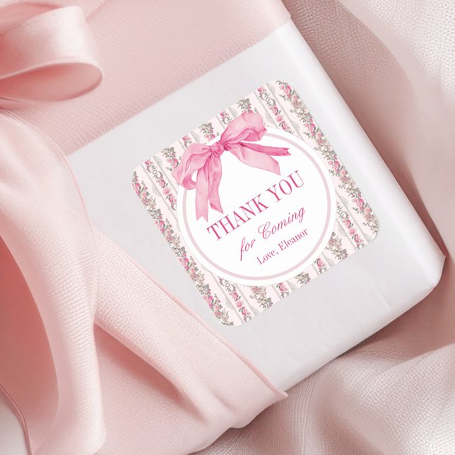 Sticker Carré Merci de fête d'anniversaire de la Bow rose (Créateur téléchargé)