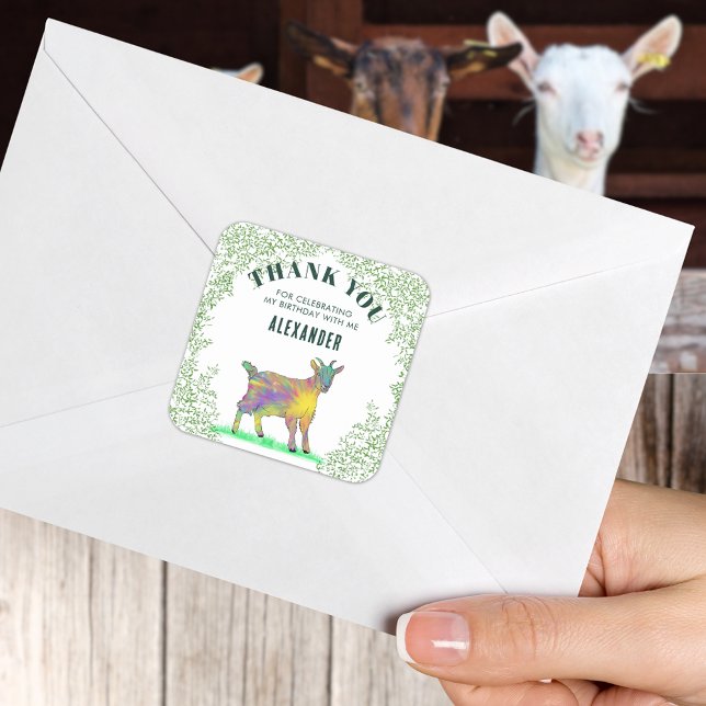Sticker Carré Merci de fête d'anniversaire de la chèvre de ferme (Cute goat colorful farm animal art personalized birthday party thank you sticker)
