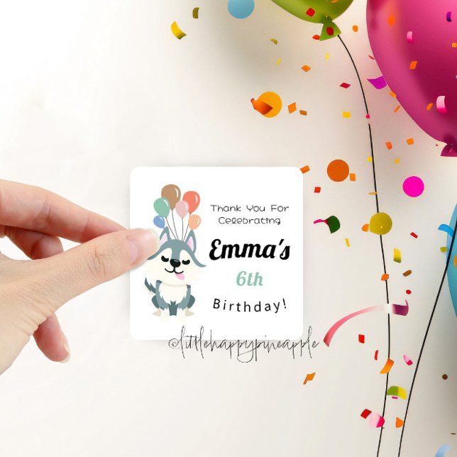 Sticker Carré Merci de fête d'anniversaire Husky (Créateur téléchargé)