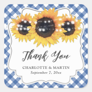 Sticker Carré Merci de Mariage de tournesol En vichy bleu