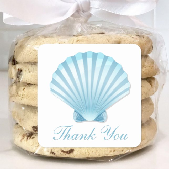 Sticker Carré Merci de Mariage nautique Shell Beach Blue (Créateur téléchargé)