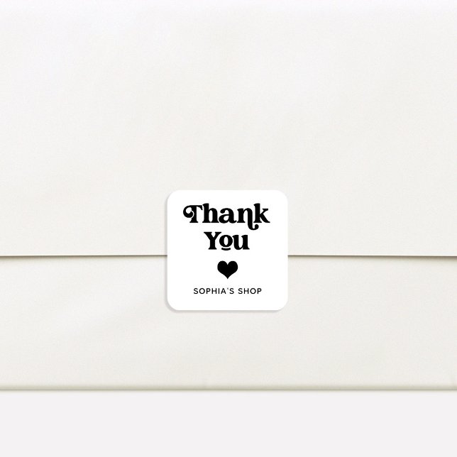 Sticker Carré Merci de marque noir et blanc Retro et Boho (A retro and boho small business thank you sticker with a heart)