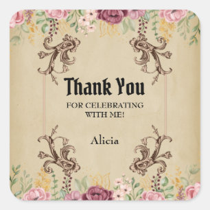 Sticker Carré Merci de parchemin vintage à fleurs d'or de Maroon