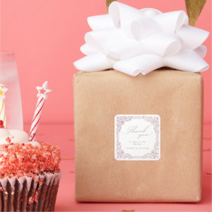 Sticker Carré Merci de script élégant à cadre Vintage rose pouss