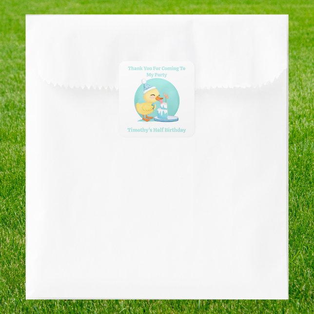 Sticker Carré Merci Demi-anniversaire Bébé Canard avec Fête du g (Créateur téléchargé)