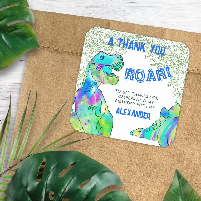 Sticker Carré Merci dinosaure Coloré  (T-Rex roar dinosaur jungle birthday party thank you custom favor sticker modern blue and green)
