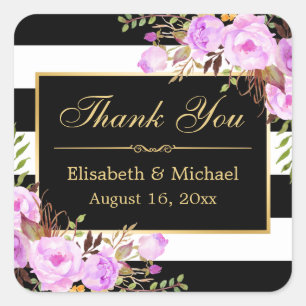 Sticker Carré Merci d'or rayé blanc noir violet