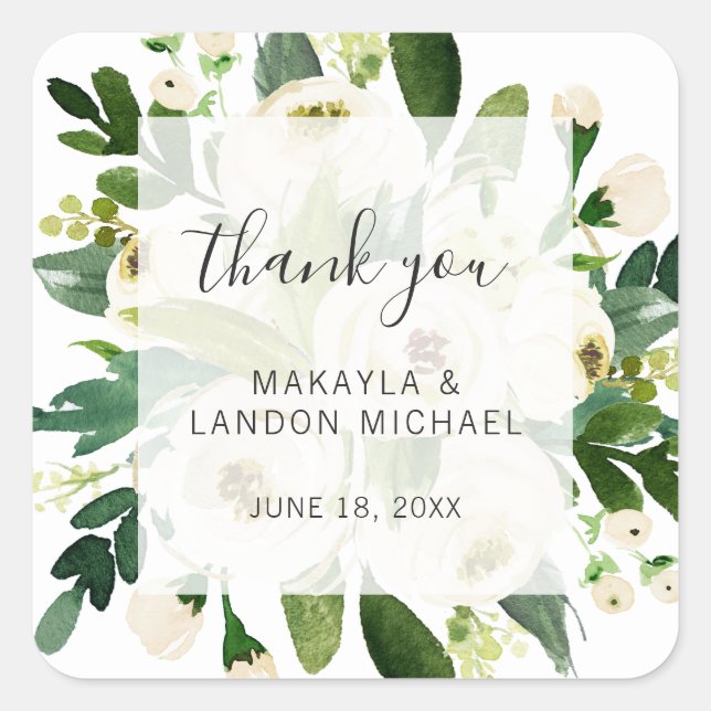 Sticker Carré Merci Elégant Mariage d'aquarelle blanche (Devant)
