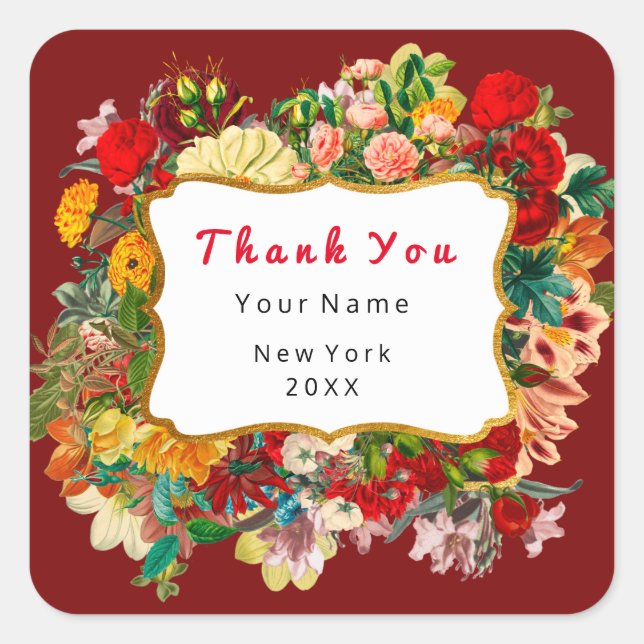 Sticker Carré Merci Favor Frame Rose Floral Rouge (Devant)