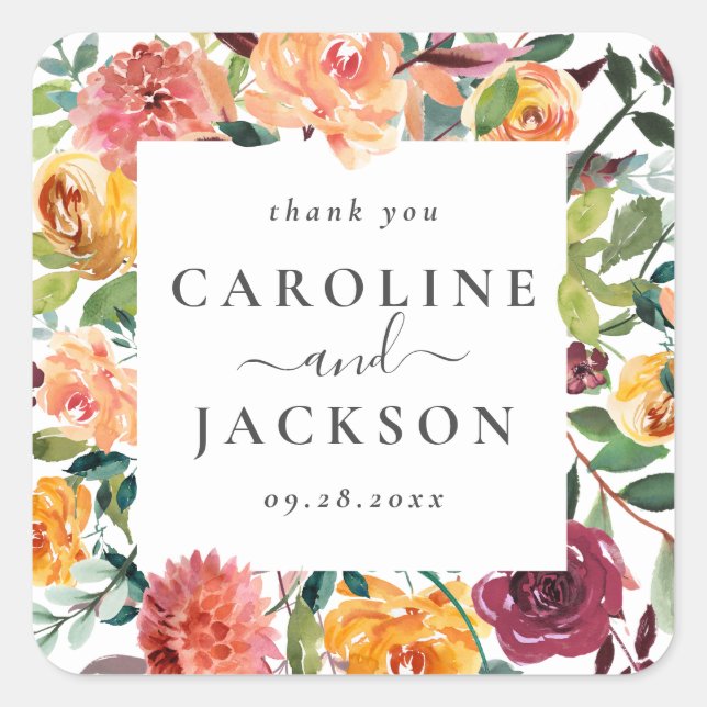 Sticker Carré Merci floral automne personnalisé Favoriser (Devant)