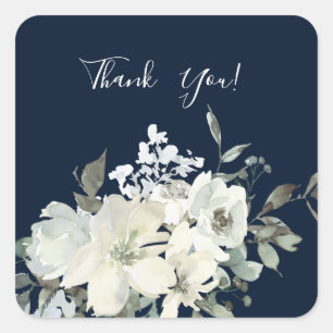 Sticker Carré Merci floral bleu et blanc poussiéreux - Navy V2