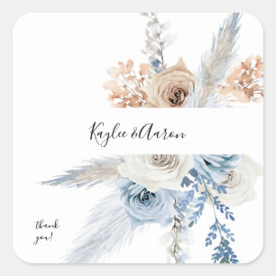 Sticker Carré Merci Floral Boho Bleu et Beige