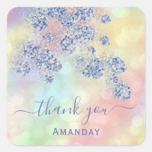 Sticker Carré Merci Holographique Fleur Glitter Bleu Poussiéreux